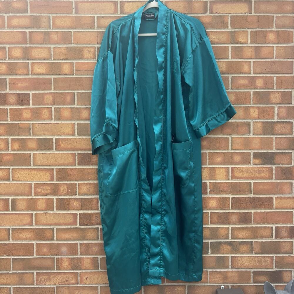 Vintage Christian Dior Monsieur Teal Long Robe Missing Tie Worn Vtg OS 80s